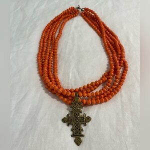 Akola Ethical Handcrafted Orange Beaded Statement Necklace with Cross Pendant